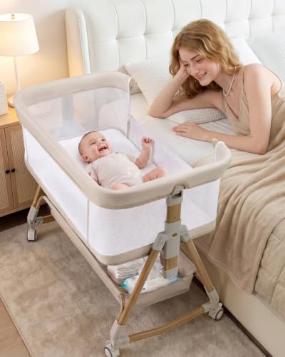 Wnttmt Beige 3-in-1 Baby Bassinet Bedside Crib with Wheels & Adjustable Heights