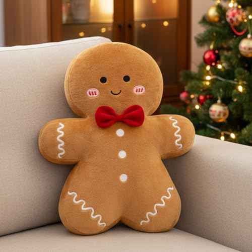 Gingerbread Man Christmas Throw Pillow, Plush Xmas Gingerbread Shaped Pillow Decor, 14.5" Decorative Throw Pillow for Living Room