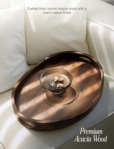 Tidita Walnut Acacia Oval Wooden Serving Tray with Handles 16.5x13 inches