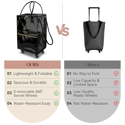PASMAN Reusable Foldable Rolling Grocery Bag - Large Black 5 Wheels