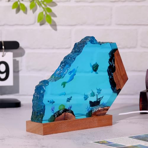 Drawelry Ocean Turtle Epoxy Resin Wood Night Lamp - Handmade Wave Sea Decor S