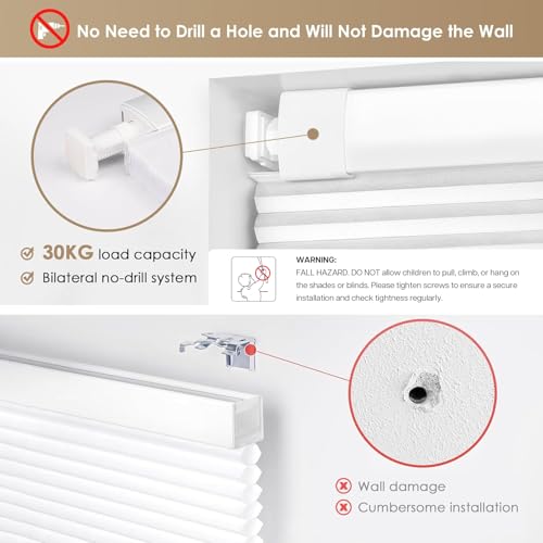 LazBlinds No Drill Cordless Blackout Cellular Window Shades 22x36 White - Inside Mount, Easy Installation