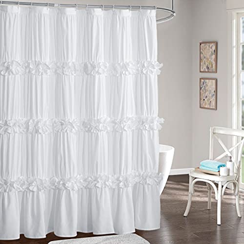 Homechoice Decor Victorian White Ruffle Shower Curtain 72x84 Inches with 12 Buttonholes