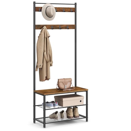 VASAGLE Rustic Brown & Black 3-in-1 Coat Rack with Shoe Storage Bench, Steel Frame