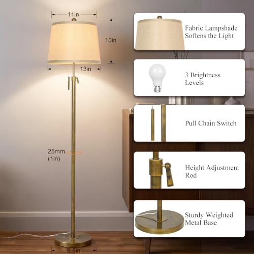 Antique Brass Adjustable Floor Lamp with Beige Shade - 55 to 65 Inches Tall, 3 Brightness Levels
