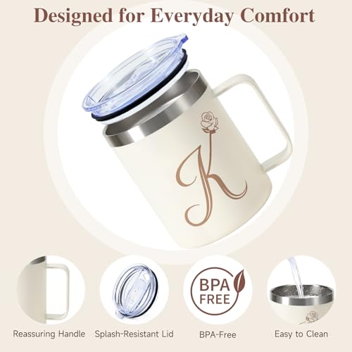 Beige Personalized Monogram K Floral 12oz Insulated Travel Mug with Handle & Lid