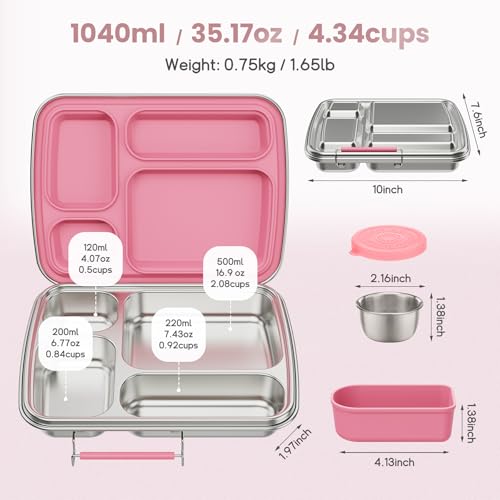 Eoika Pink Stainless Steel Kids Bento Box 4-Compartment Lunch Container with Silicone & Sauce Cup