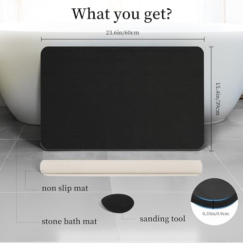 THMINS Black Stone Bath Mat 24x16 Inches Non-Slip Diatomaceous Earth Shower Rug