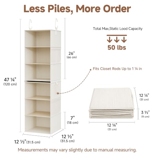 Hanging Closet Organizer with 6 Shelves - 2-in-1 Ivory & White, 12.5"D x 12.5"W x 47.25"H