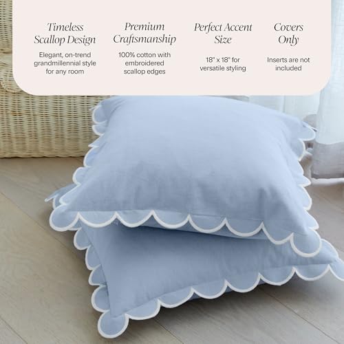 Scalloped Pillow Cover Set of 2 - 18x18 Cotton, Sky Blue & White - Elegant Home Decor