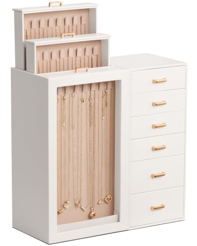 Lolalet Beige Large Jewelry Box Organizer for Women, Holds 24 Necklaces, Multiple Drawers & Ring Slots