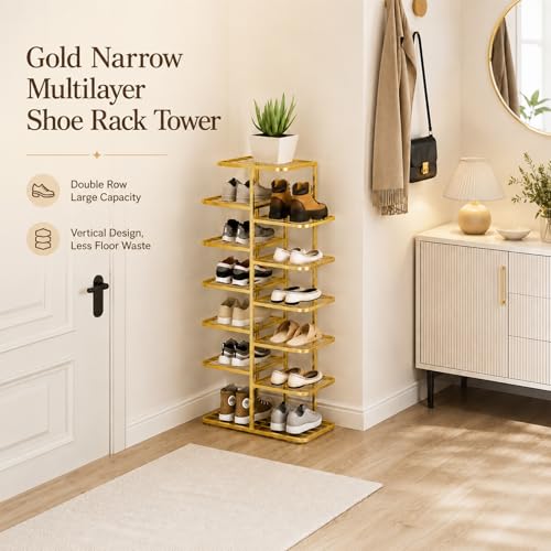 Gold Shoe Rack Tower - Narrow 7-Tier Metal Organizer for Small Spaces