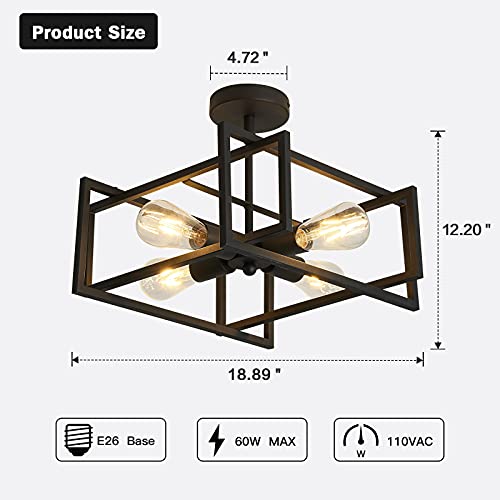 Black 4-Light Farmhouse Ceiling Light Fixture - Close to Ceiling Chandelier for Kitchen & Dining