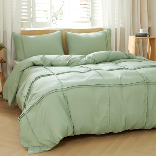 AiMay Duvet Cover Set Queen Pintuck Pleated 3 Pieces—Green, Zipper & Corner Ties