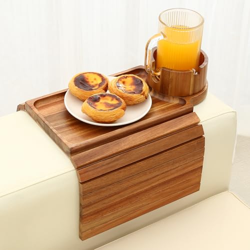 Acacia Wood Couch Cup Holder Tray for Sofa Armrest - Fits 6.3+ Inch Wide Arms