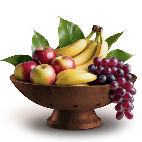 Brown Wooden Fruit Bowl with Pedestal – Large Bamboo Vented Fruit Basket