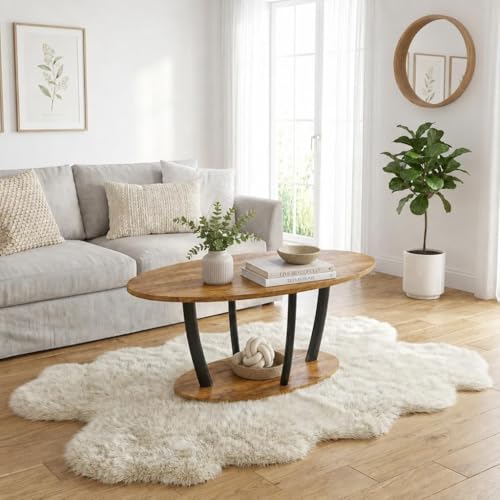 Manora Rustic Oval Coffee Table with Storage Shelf - Brown, 2-Tier Farmhouse Living Room Table