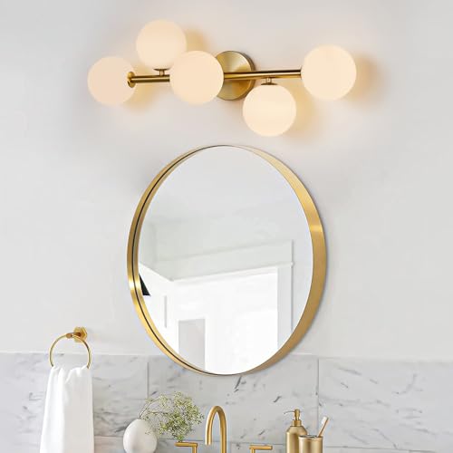 Feasey Gold Milk Glass Bathroom Vanity Light Fixtures, 5-Light Wall Sconce