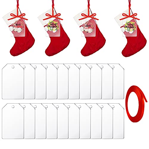 Blulu 3.16 Inch Clear Blank Acrylic Christmas Ornaments Xmas Flat DIY Tags with Red Ribbon Transparent Geometry Decor with Hole for Vinyl Painting Christmas Tree Decoration DIY Crafts(20 Pcs)