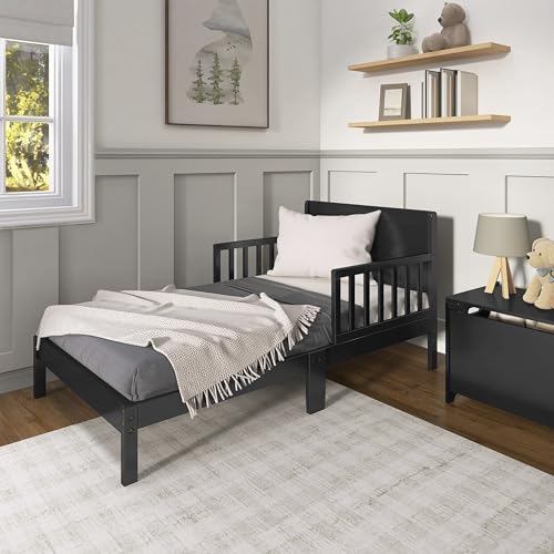 Toddler Bed with Safety Rails - Black, Low-to-Floor Design, Non-Toxic Pine Finish