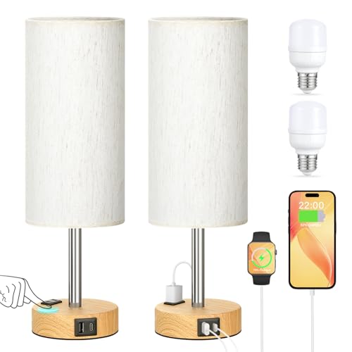 Wood Base Cream Shade Touch Bedside Table Lamps Set of 2 with USB Ports and Outlet - 14 Inch
