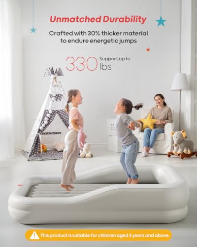 QPAU Inflatable Toddler Travel Bed with 3-Sided Bumpers, Extra Large Gray