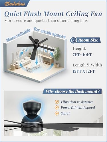48 Inch Black Ceiling Fan No Light with Remote - Flush Mount, 6-Speed