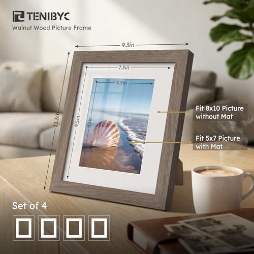 TENIBYC Walnut 8x10 Picture Frame Set with Mat - 4 Pack, Glass, Wall & Tabletop Display