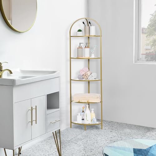 Homhedy 5-Tier Gold Corner Shelf Stand - Stylish Metal Glass Bookcase & Organizer
