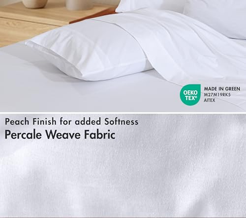 RUVANTI Full Size Cotton Percale Bed Sheet Set Bright White - 6 Piece, Deep Pocket Fitted & Pillowcases