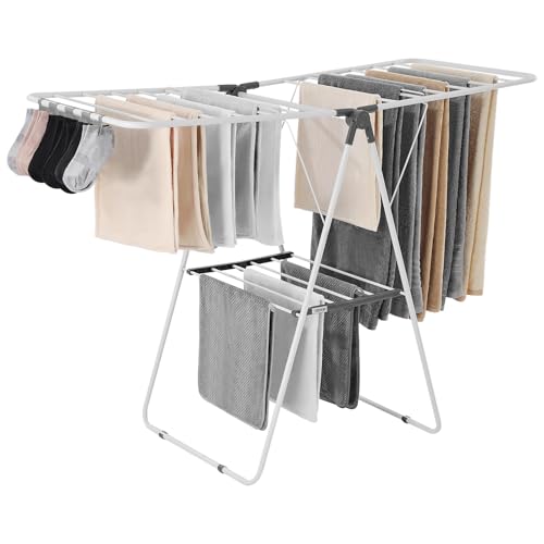 Foldable Laundry Drying Rack 2-Tier with Sock Clips, 21 Rods, Adjustable Height, Space-Saving, White - 54.5"D x 23.6"W x 39.4"H