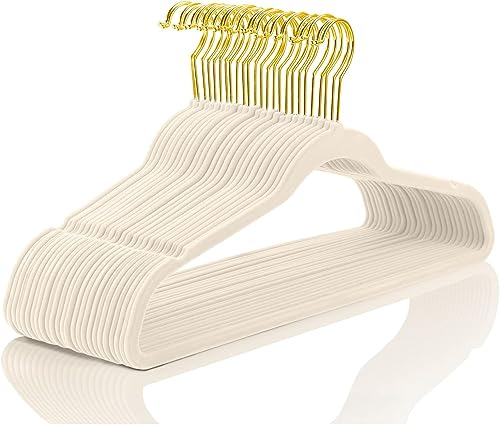 Ivory & Gold Velvet Hangers Pack of 60 - Heavy Duty Slimline Non-Slip Closet Organizers