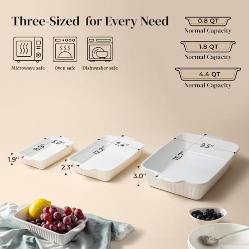 White Ceramic Casserole Dish Set of 3 Oven-Bakeware with Handles - Rectangular Baking Pans