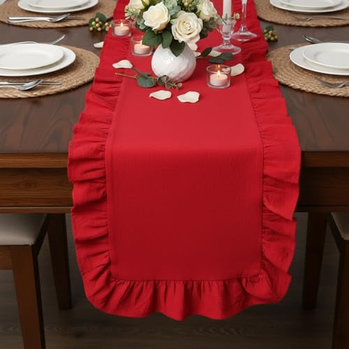 Red Ruffled Table Runner 118 Inches Long with Scalloped Edge – Oudain, 9.8 ft x 13.8 in