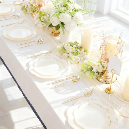 Elegant Gold Rim Ivory Plastic Plates Set for Wedding Gala - Beige & Gold Variation