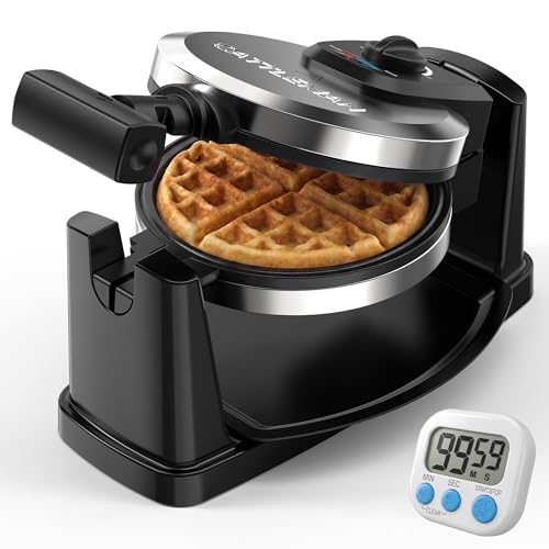 CATTLEMAN Rotating Belgian Waffle Maker with Magnetic Timer and Adjustable Browning