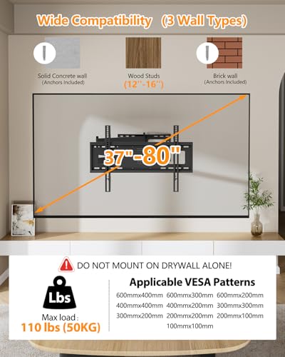 Long Arm Full Motion TV Wall Mount for 42-80 Inch TVs - Extends 43 Inches - Fits VESA 100x100mm to 600x400mm - Heavy Duty Steel