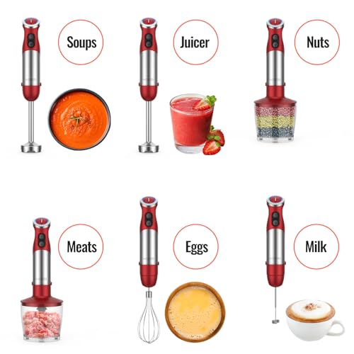 5-in-1 Hand Immersion Blender Set - 1000W Red, Includes Beaker, Food Processor, Whisk & Frother