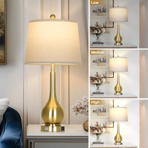 Gold 26-inch Table Lamps Set of 2 with Touch Control & USB Ports - Modern Bedside Lighting - Variation: Gold - 26H