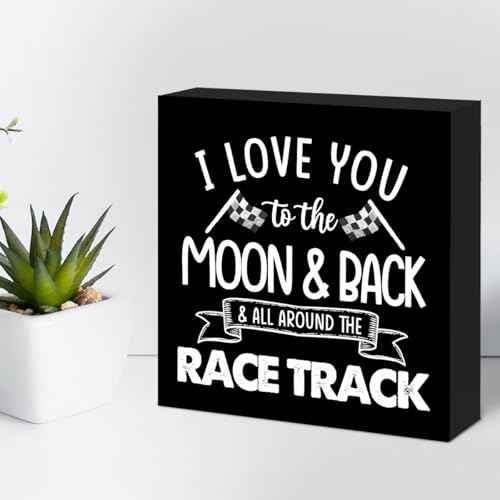 z-crange I Love You To The Moon And Back Black Wood Box Sign Desk Decor,Farmhouse Racing Checkered Flags Box Block Sign for Home Boys Room Shelf Table Decor Decorations¡¦