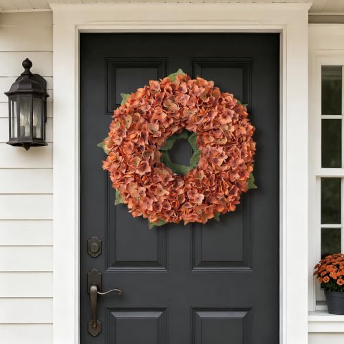 21-Inch Artificial Fall Hydrangea Wreath for Front Door Decor - Orange, Lush & Durable