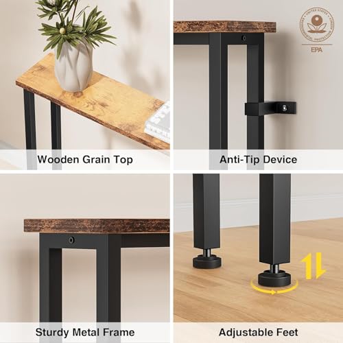 Narrow Sofa Table with Power Outlets & USB Ports - Rustic Brown, 90 inch