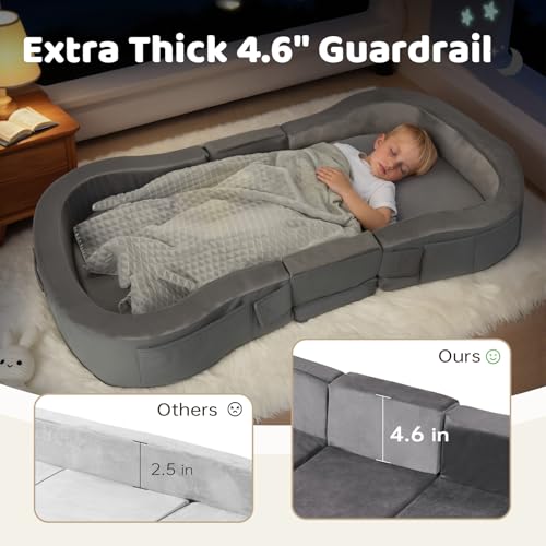 Toddler Travel Bed with Washable Cover - Foldable Foam Bed for Kids, Grey