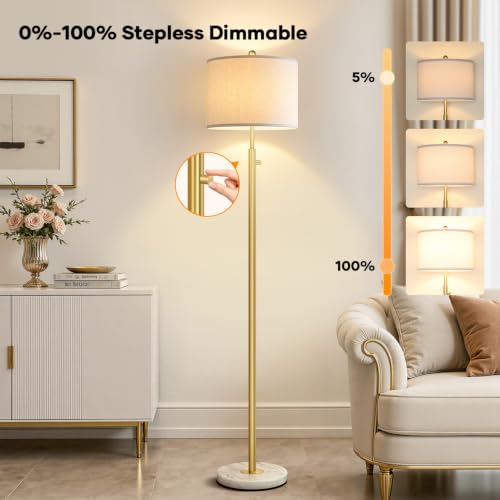 Dimmable Gold Floor Lamp with Turkish Marble Base & White Linen Shade - Variation: Gold-Marble-Line Shade