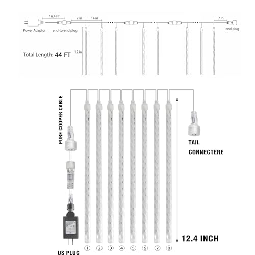 Dazzle Bright 864 LED Meteor Shower Rain Lights (White, 11.8 in, 24 Tubes) Waterproof Plug-in Xmas Decor
