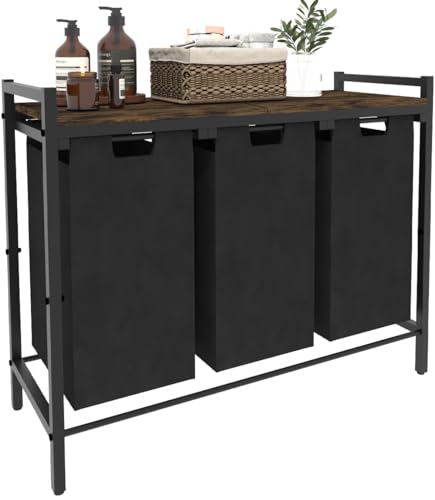 3 Section Laundry Hamper with Pull-Out Bins - Rustic Brown & Black, No Wheels