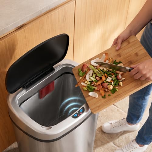 Touchless Kitchen Trash Can 13 Gallon Oval Sensor Bin with Odor Filter - Brushed Silver