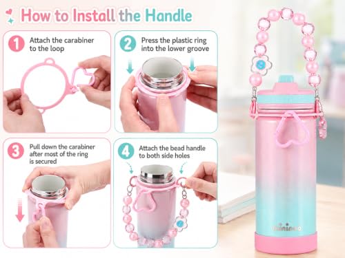 Kids Water Bottle with Beaded Handle - Sparkle Guava, 16 oz Insulated Stainless Steel with Leakproof Straw Lid