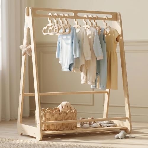Kids Wooden Clothing Rack with 6 Hangers - Montessori Toddler Wardrobe