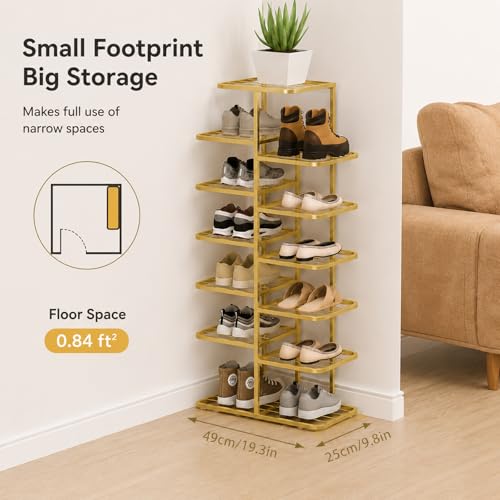 Gold Shoe Rack Tower - Narrow 7-Tier Metal Organizer for Small Spaces